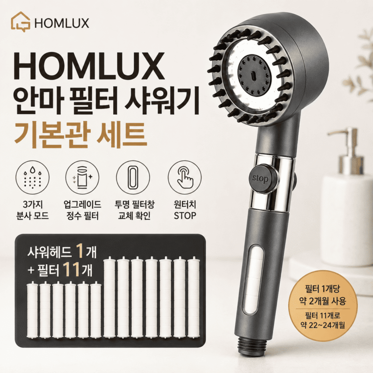 HOMLUX 안마 필터 샤워기 기본관 세트, 필터 11개·3가지 분사 모드·원터치 STOP