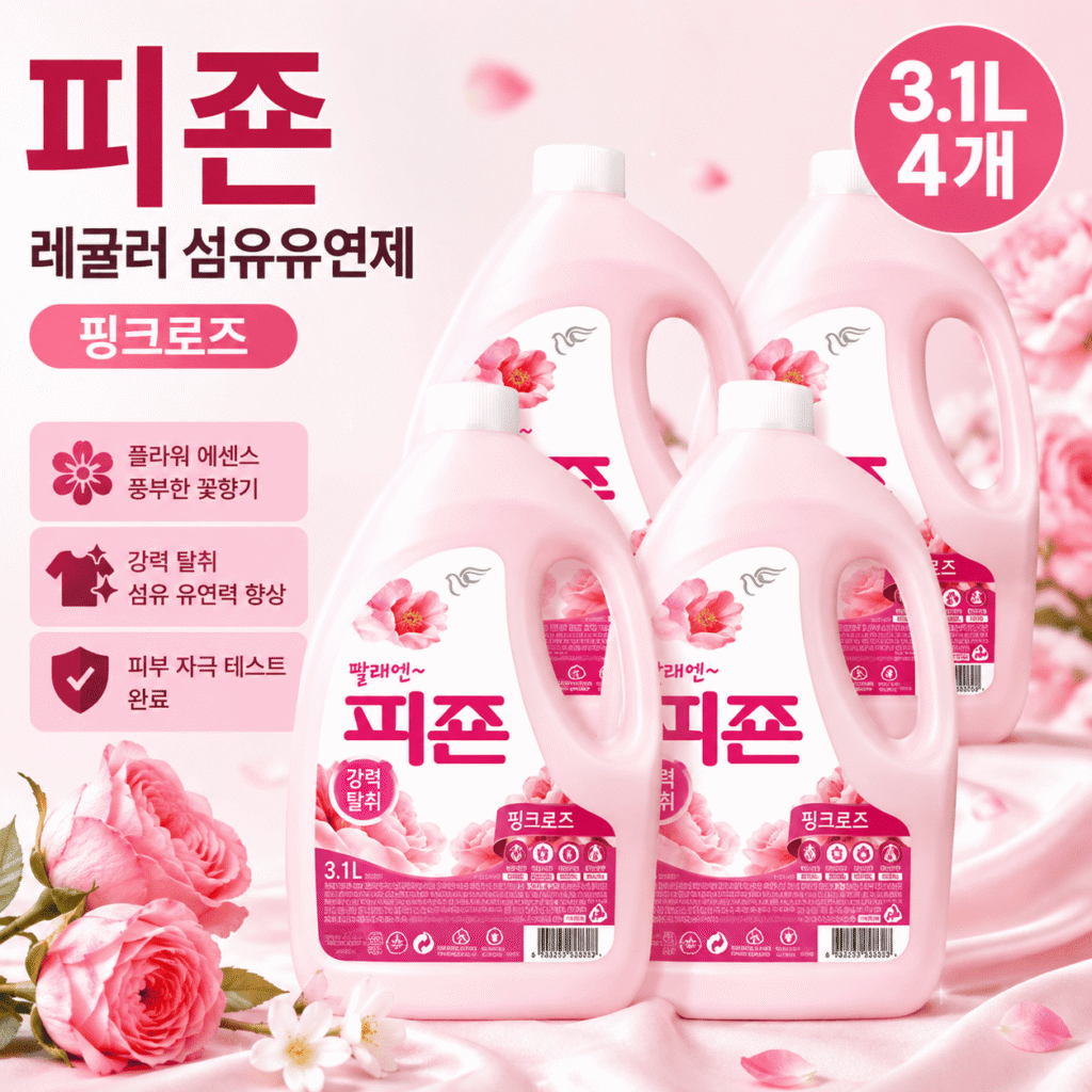 피죤 레귤러 섬유유연제 핑크로즈 3.1L 4개, 플라워 에센스의 풍부한 꽃향기 제품 이미지