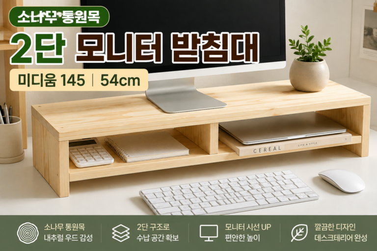 숲애 소나무 통원목 모니터 받침대 미디움 2단 145 후기｜54cm 원목 데스크테리어 선반